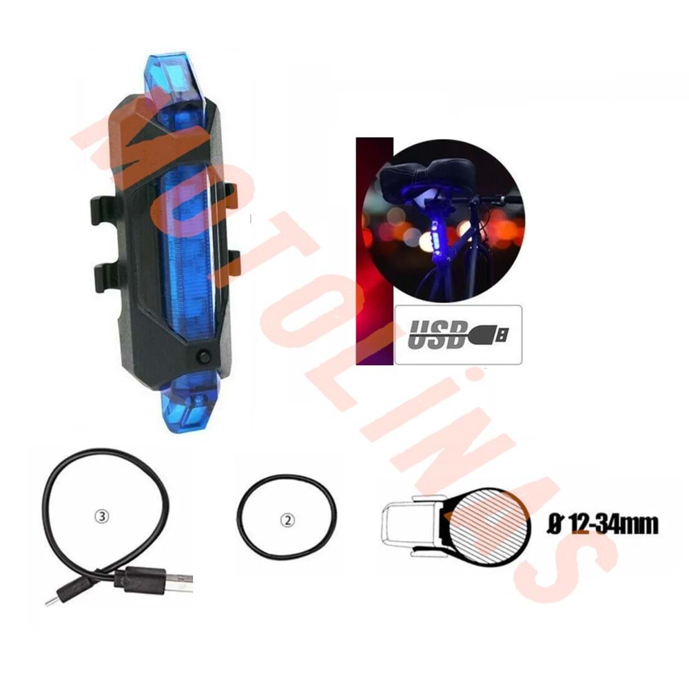 BİSİKLET ARKA STOP USB ŞARJLI BS-216 5 ledli [MAVİ] - LNSBİKE