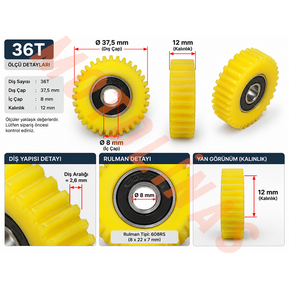 PEDAL DESTEKLİ EBİKE 3 lü MOTOR DİŞLİ SETİ [ 36 DİŞ -12mm ] - FATBİKE YEDEK PARÇA