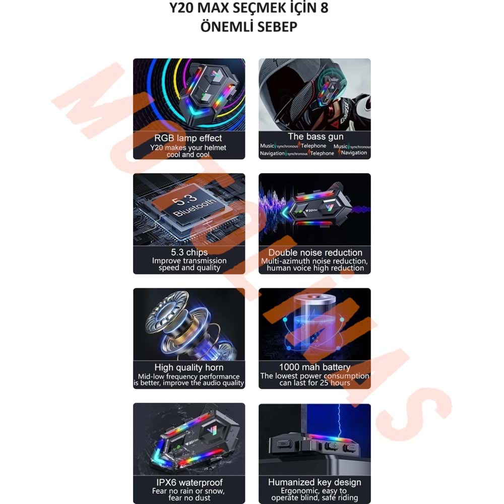 İNTERKOM [Y20-MAX] BLUETOOTH 5.3 - 2 KİŞİ 300 METRE EŞLEŞME RPG AYDINLATMA