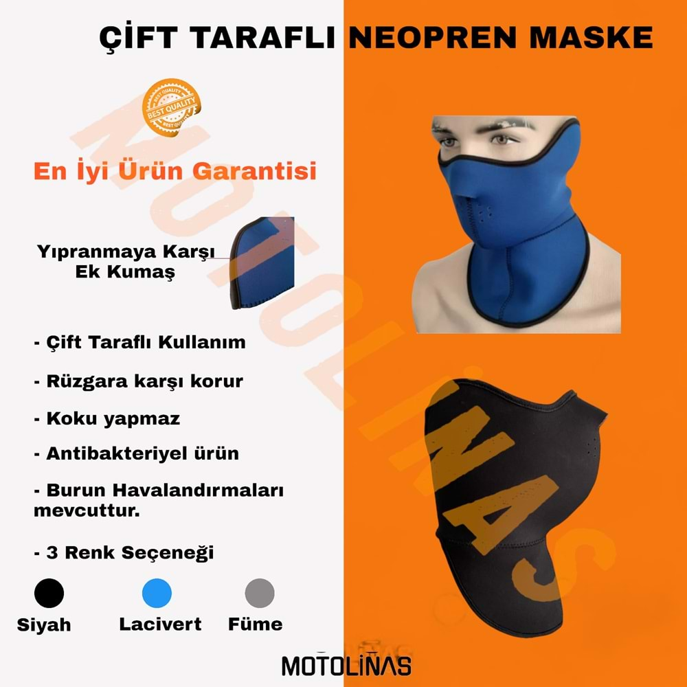 MASKE NEOPREN ÇİFT TARAFLI SİYAH - MOTOSİKLET