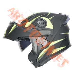 KC-ÇENE AÇILIR VİZÖRLÜ KASK [KC902B] MAT SİYAH - NEON YEŞİL [L] E BELGELİ