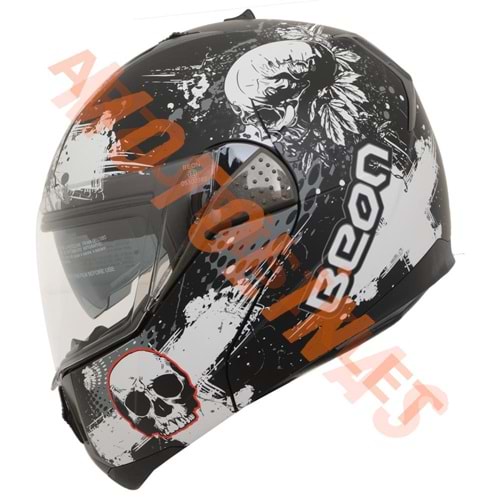 BEON- ÇENE AÇILIR VİZÖRLÜ KASK [B700] [SİYAH -KURU KAFA DESENLİ] [S]