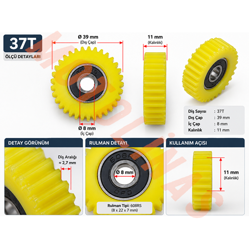 PEDAL DESTEKLİ EBİKE 3 lü MOTOR DİŞLİ SETİ [ 37 DİŞ-11mm ] - FATBİKE YEDEK PARÇA